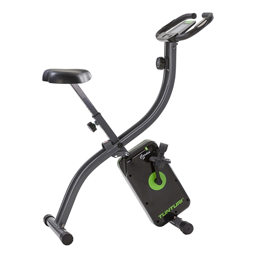 dette er en Tunturi Cardio Fit B20 Motionscykel i farven sort med grønne detaljer.